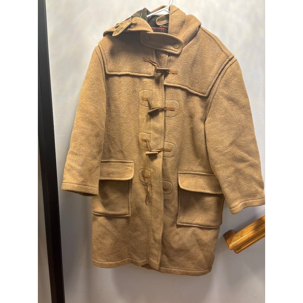 Vintage Tan Wool Duffle Coat With Wooden Toggles & Hood Size 44